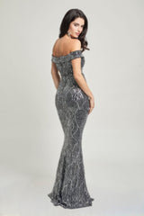 Silver Off Shoulder Sequin Maxi Dress back