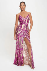 Fuchsia Art Deco Sequins V-Neck Maxi Dress