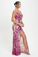 Fuchsia Art Deco Sequins V-Neck Maxi Dress side