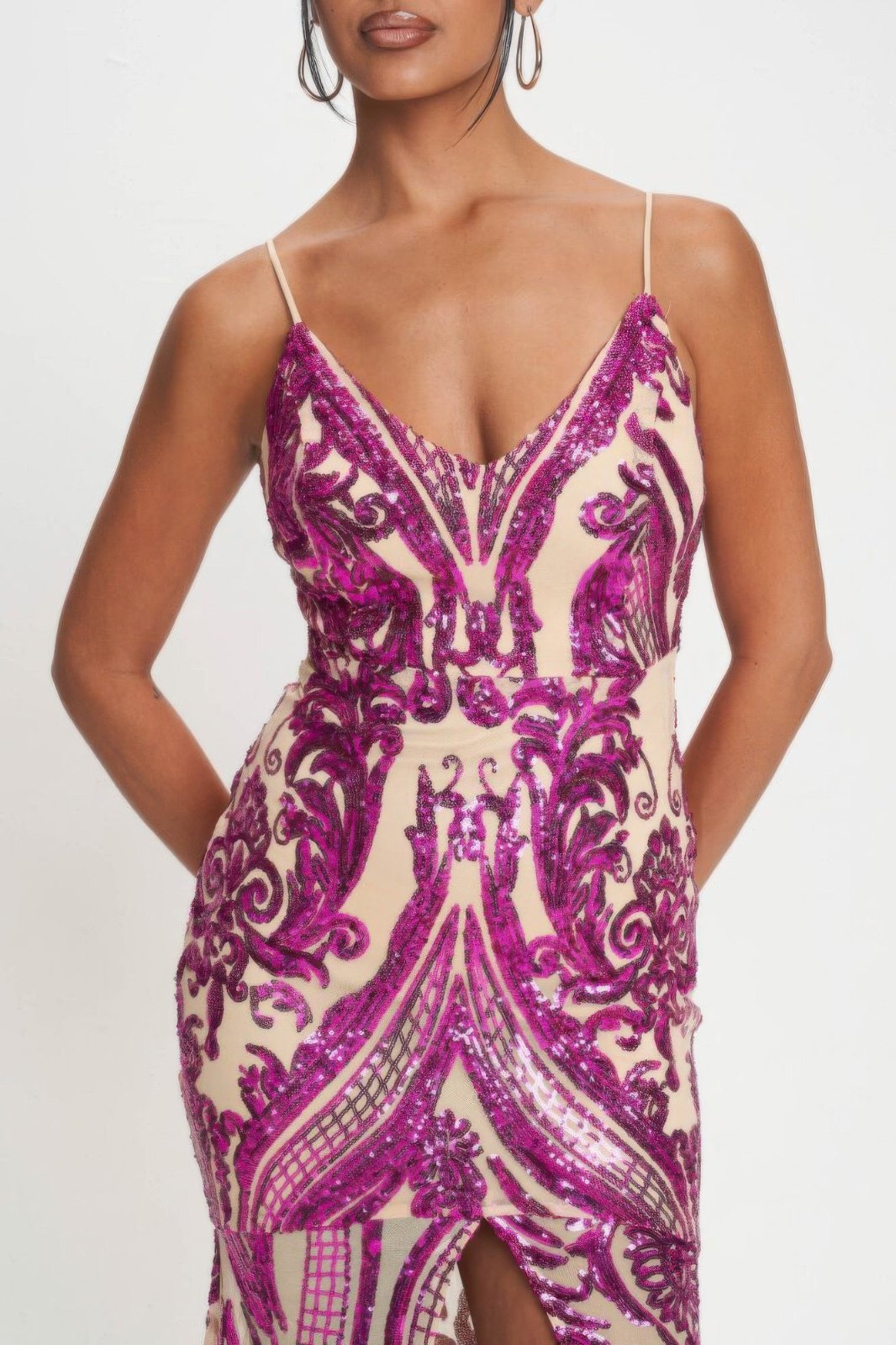 Fuchsia Art Deco Sequins V-Neck Maxi Dress close up