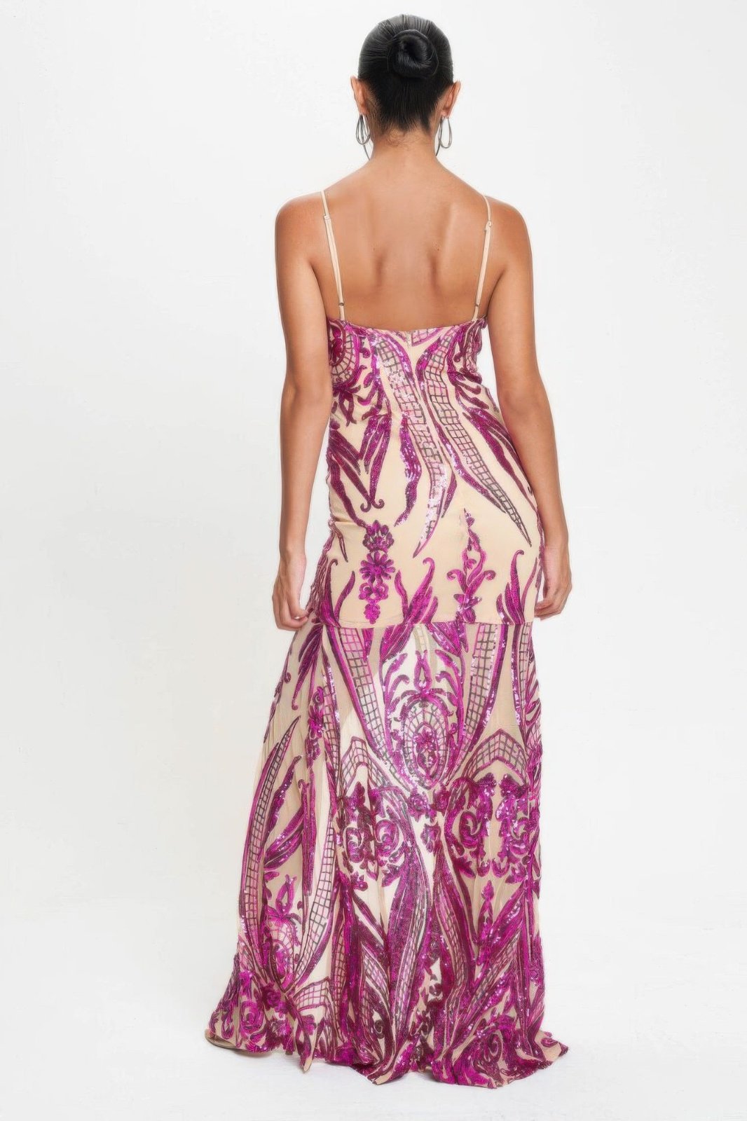 Fuchsia Art Deco Sequins V-Neck Maxi Dress back