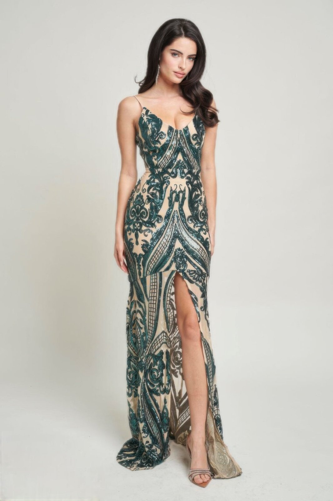 hunter green Art Deco Sequins V-Neck Maxi Dress