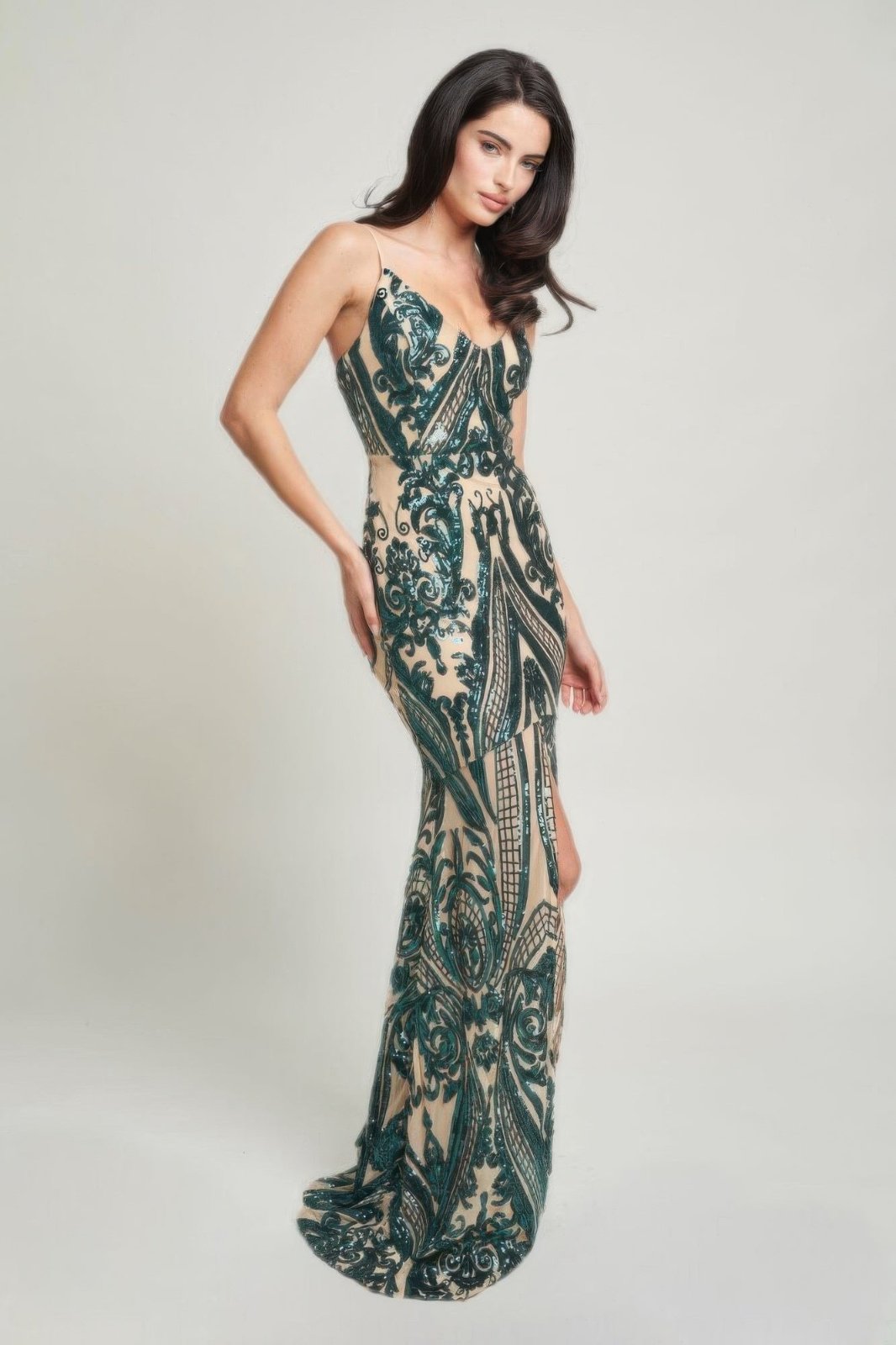 hunter green Art Deco Sequins V-Neck Maxi Dress