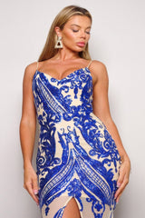 royal blue Art Deco Sequins V-Neck Maxi Dress