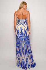 royal blue Art Deco Sequins V-Neck Maxi Dress back