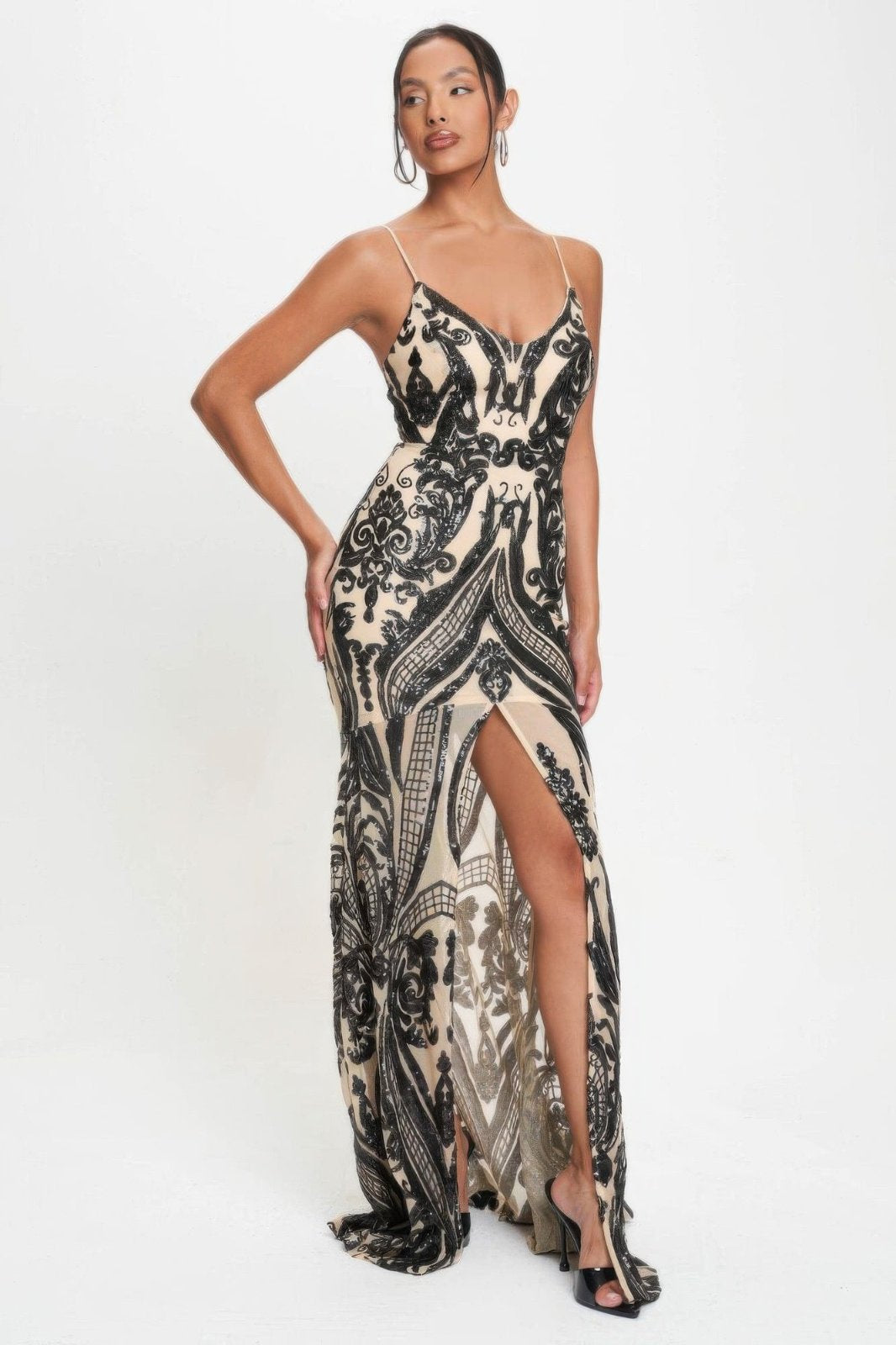 Black Art Deco Sequins V-Neck Maxi Dress