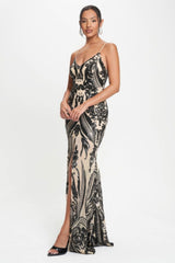 Black Art Deco Sequins V-Neck Maxi Dress