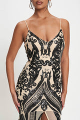 Black Art Deco Sequins V-Neck Maxi Dress close up