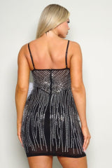 Black spaghetti strap rhinestone mini dress back view