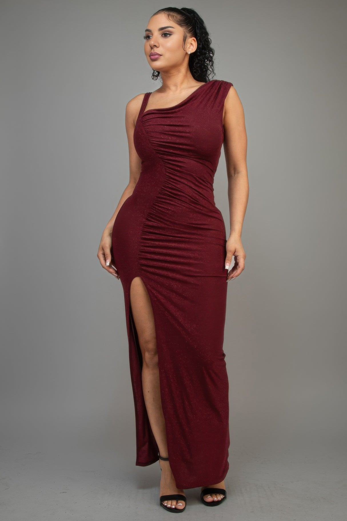 Burgundy one shoulder glitter maxi dress with front side slit