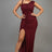 Burgundy one shoulder glitter maxi dress with front side slit