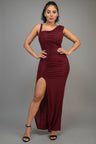 Burgundy one shoulder glitter maxi dress with front side slit