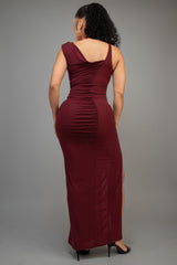 Burgundy one shoulder glitter maxi dress with front side slit back