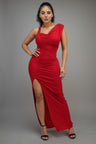 Red one shoulder glitter maxi dress with front side slit