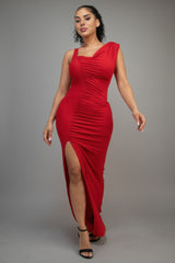 Red one shoulder glitter maxi dress with front side slit