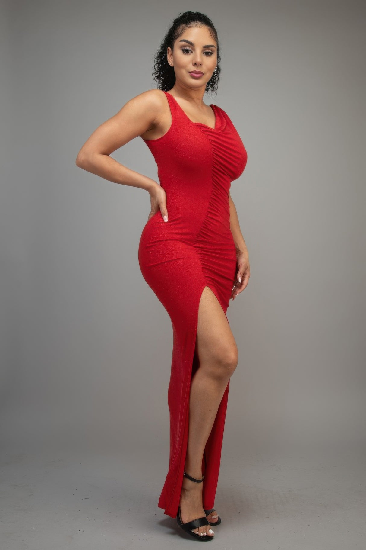 Red one shoulder glitter maxi dress with front side slit side view