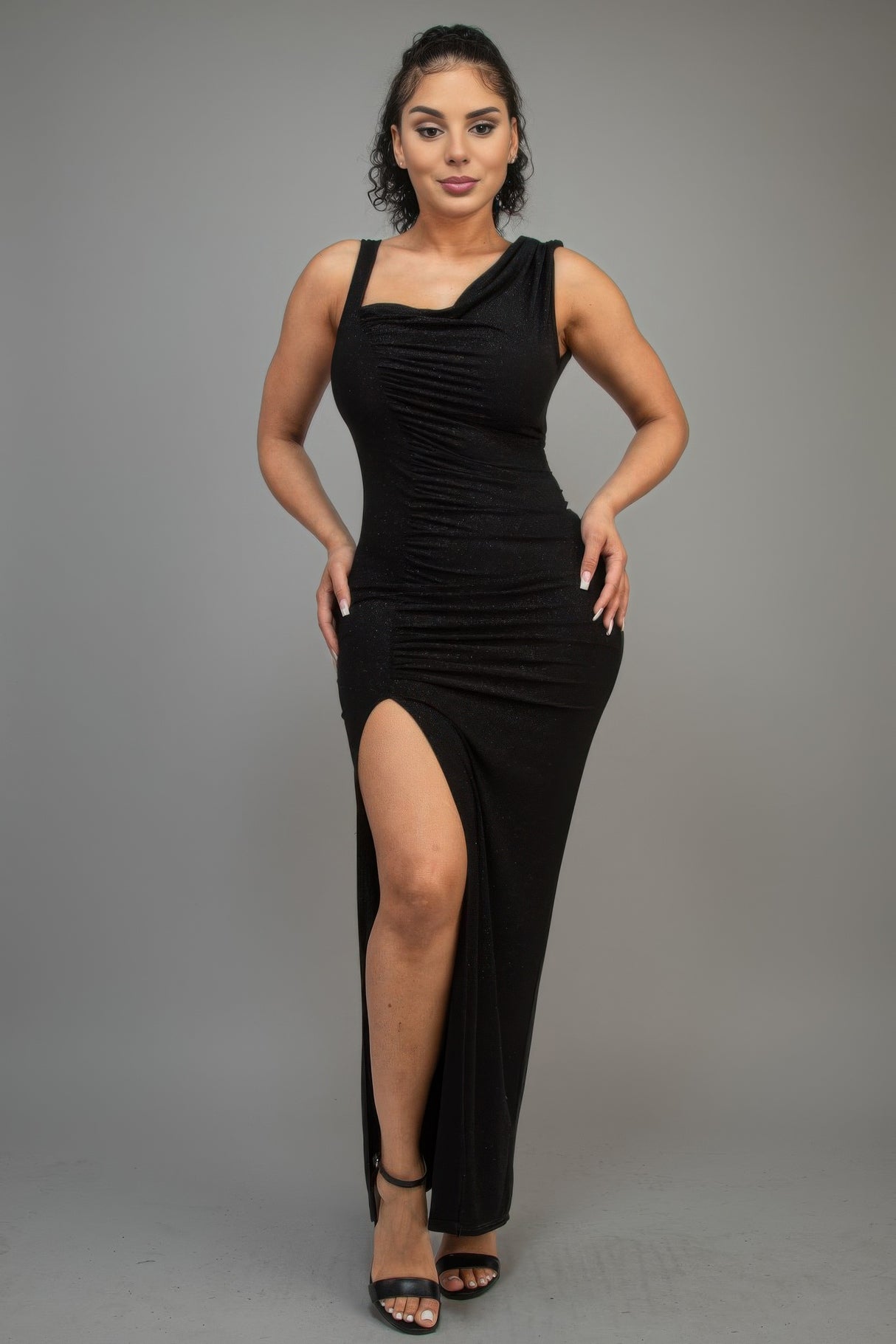 Black one shoulder glitter maxi dress with front side slit