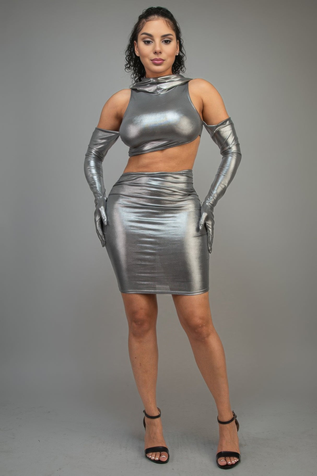 Silver short metallic dress with gloves and hood and front and side cut out detail