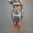 Silver short metallic dress with gloves and hood and front and side cut out detail