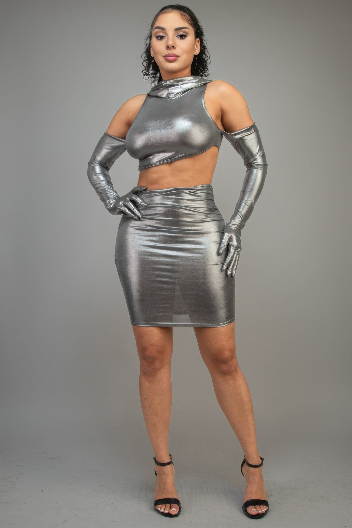 Silver short metallic dress with gloves and hood and front and side cut out detail