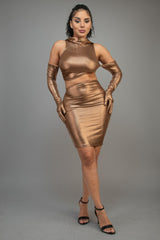 Bronze short metallic dress with gloves and hood and front and side cut out detail