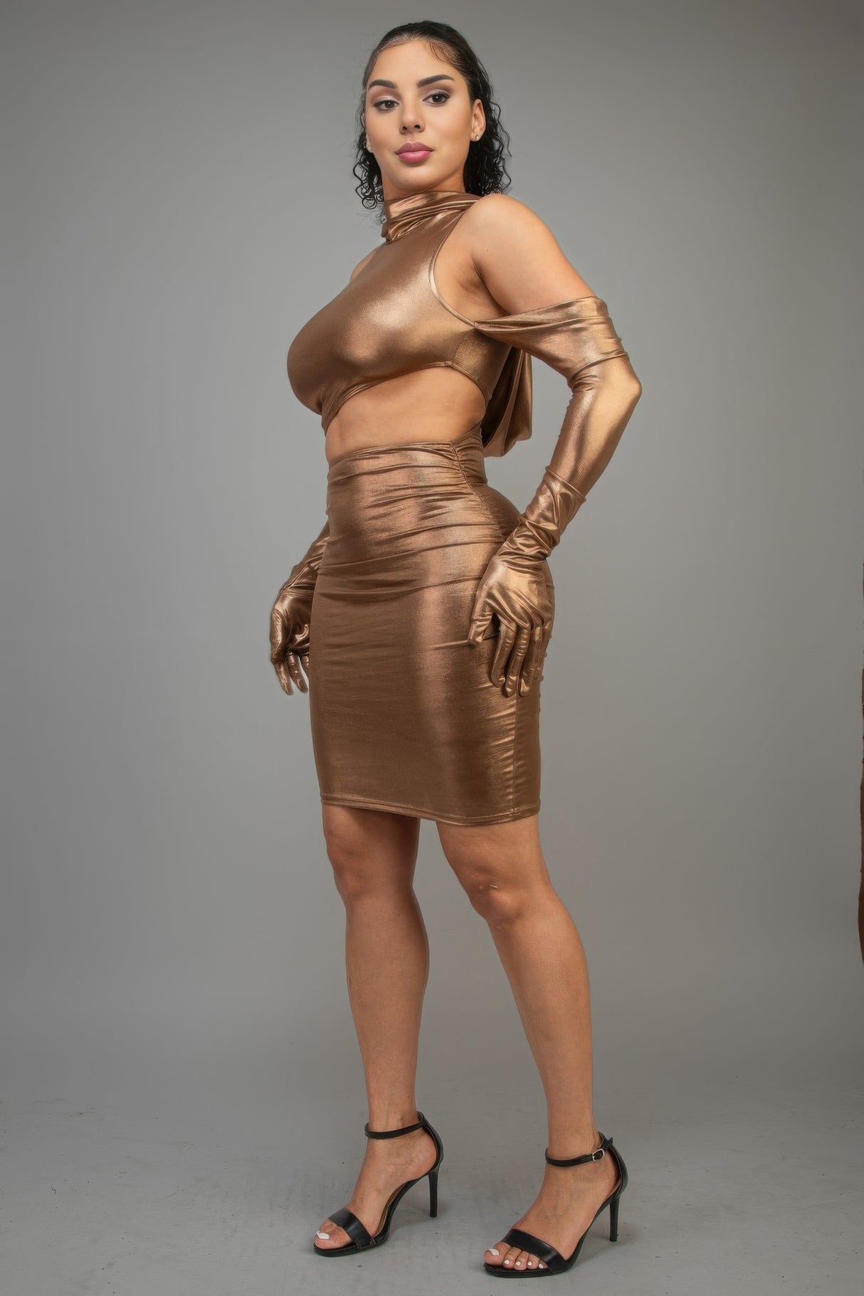 Bronze short metallic dress with gloves and hood and front and side cut out detail side