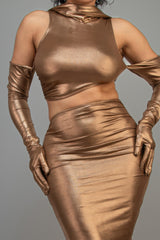 Bronze short metallic dress with gloves and hood and front and side cut out detail close up