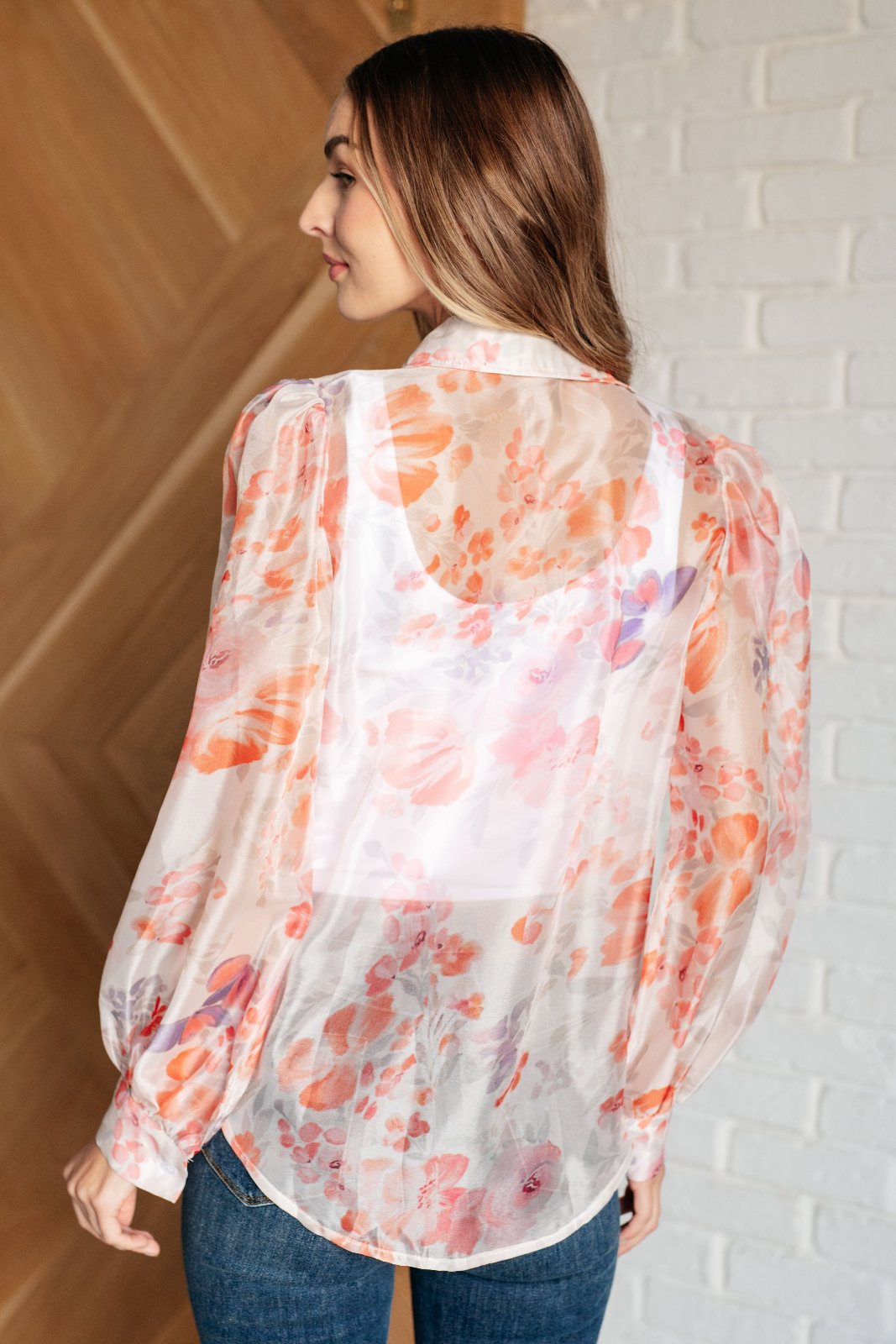 Sheer Floral Button Up Blouse