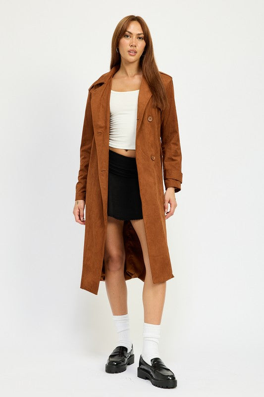 Camel color Suede Trench Coat front