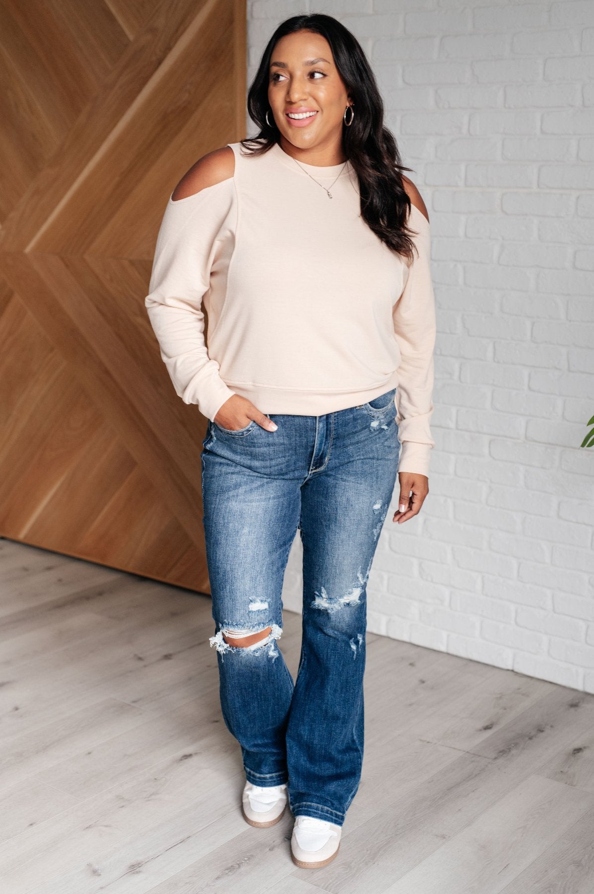 French Terry Cold Shoulder Top - Cream