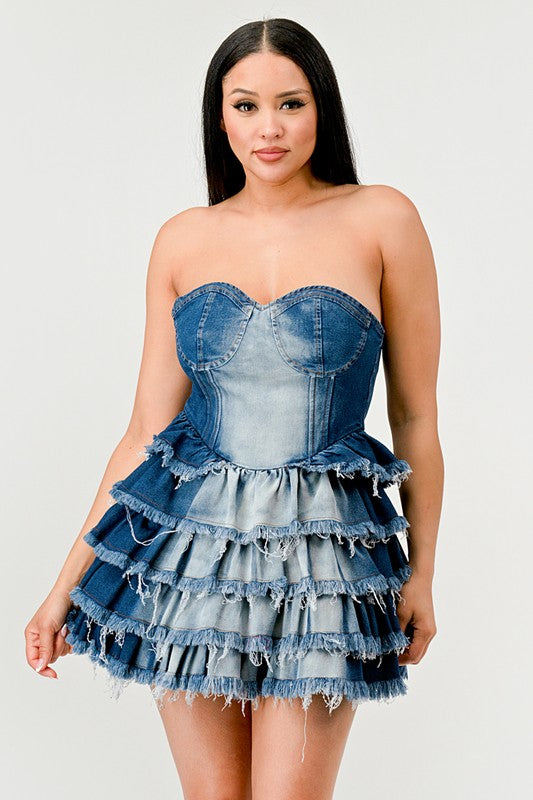 washed denim dress with cascading ruffles