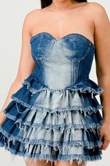 frayed hem denim ruffle mini dress