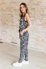 side view of Black & White Filigree Jumpsuit