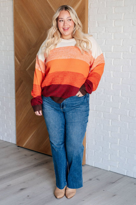 Plus size Cozy & Bright different shades of Orange Stripe Color Block Sweater with Burgundy and Brown strips at the bottom