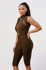 Sexy Brown Criss Cross Detail Bandage Romper