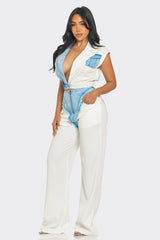 Denim Contrast Flowy Pant Set