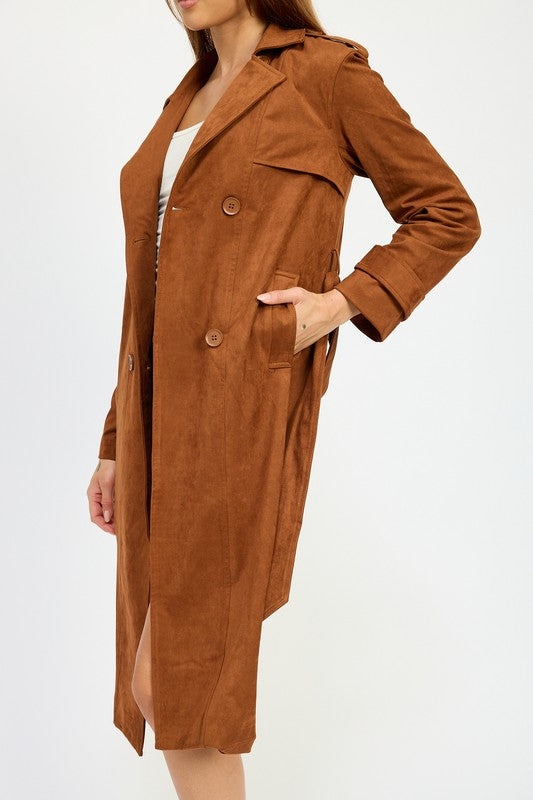 Camel color Suede Trench Coat  view of pocket