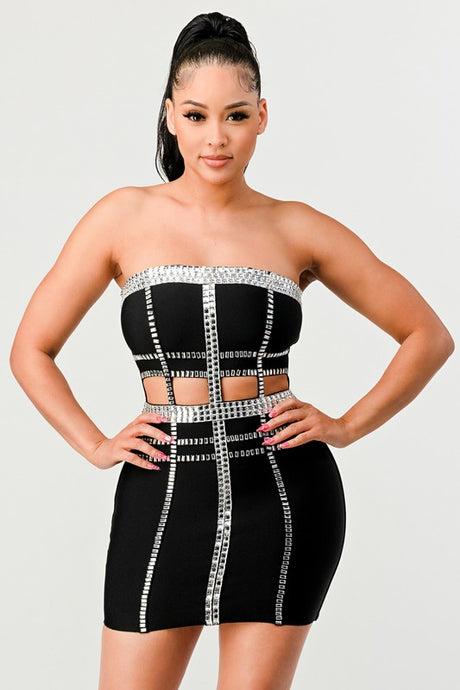 Black beaded detail tube mini dress