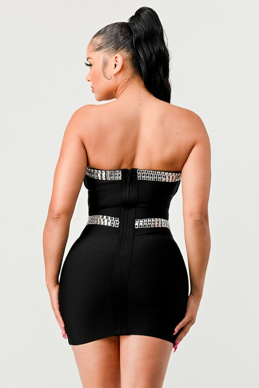 back view of Black beaded detail tube mini dress