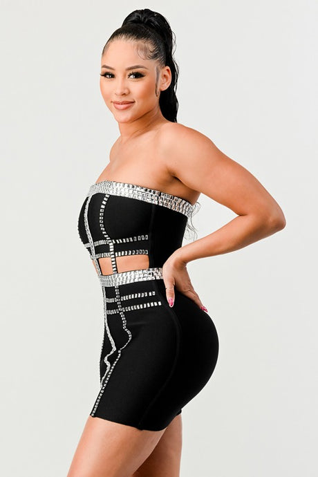 side view of Black beaded detail tube mini dress