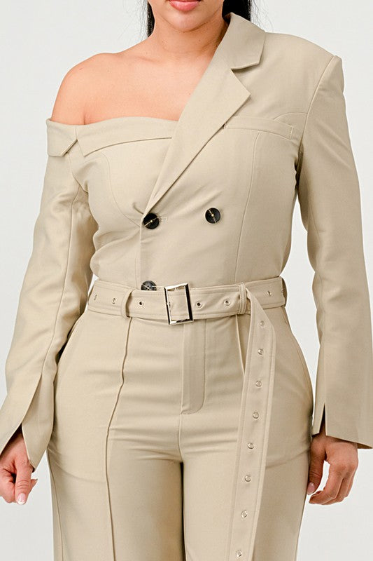 Double Breasted Trench Jumpsuit in Beige