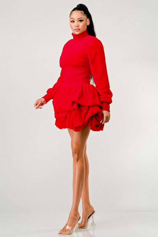 red Cascading Ruffles Long Sleeve Dress