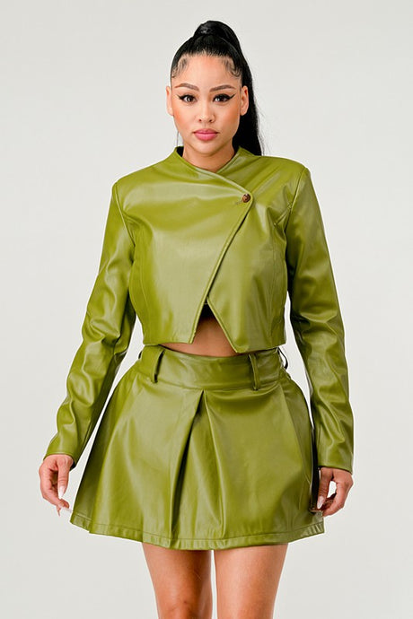 Olive Green Faux Leather Jacket with Matching Pleated Skirt Set