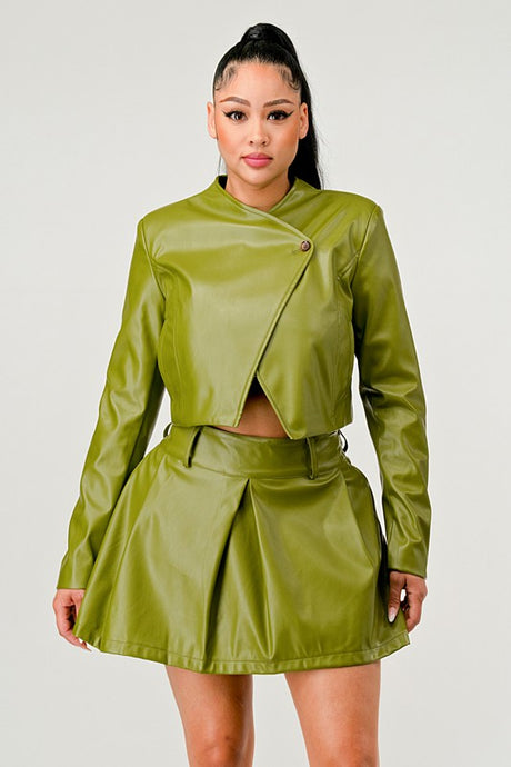 Olive Green Faux Leather Jacket with Matching Pleated Skirt Set