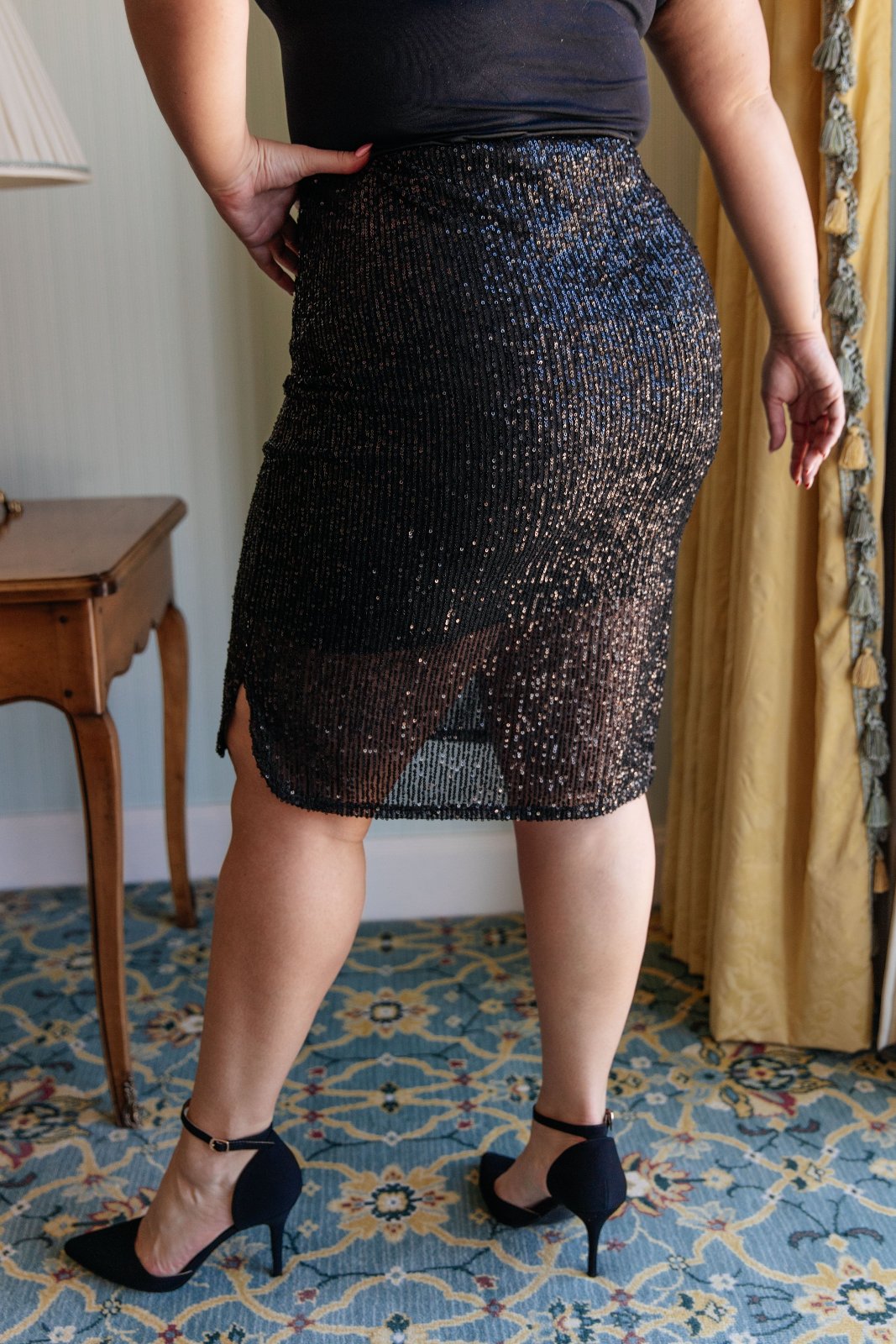 Black Sequin Tulip Hem Skirt