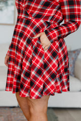 Red Plaid Long Sleeve Skort Dress close up of side pocket