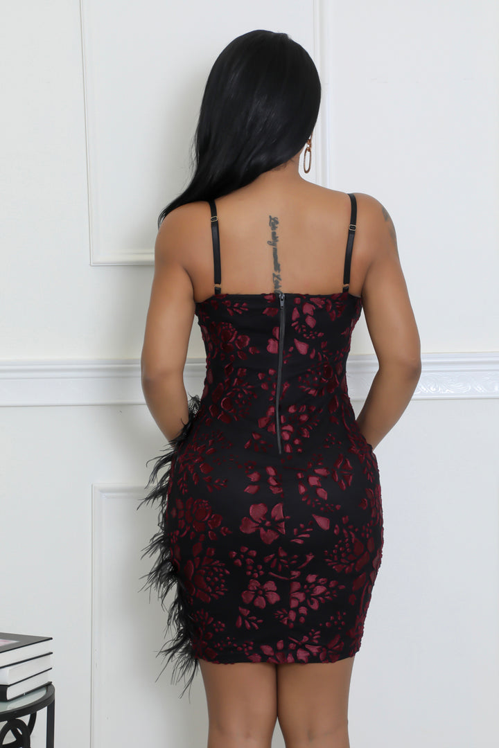 Burgundy Feather Detail Mini Dress  back