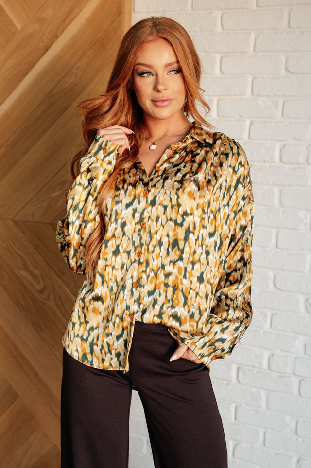 Abstract Print Satin Button Up Blouse