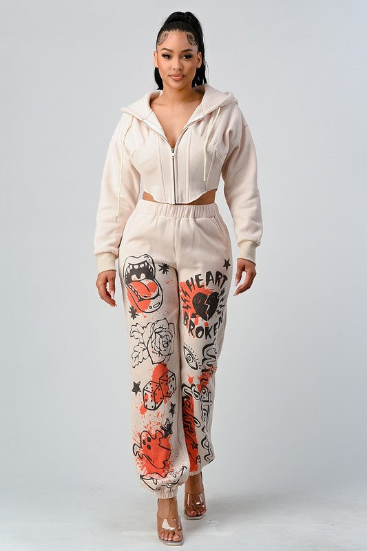 Cropped Jacket and Graphic Pants Set - Ivory