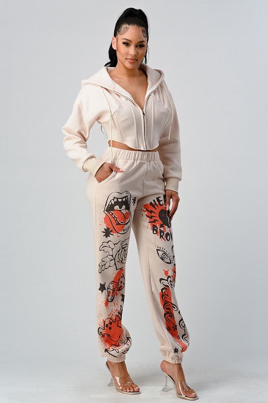 Cropped Jacket and Graphic Pants Set - Ivory